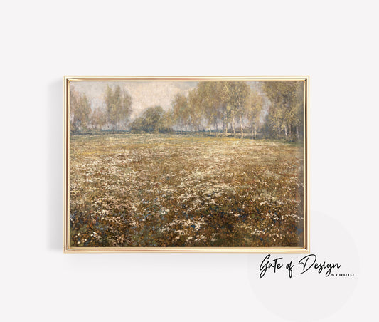 Summer Field Landscape Print Vintage Muted Painting Neutral Muted Nature Wall Art Cottagecore Painting PRINTABLE Wall Art Vintage Decor