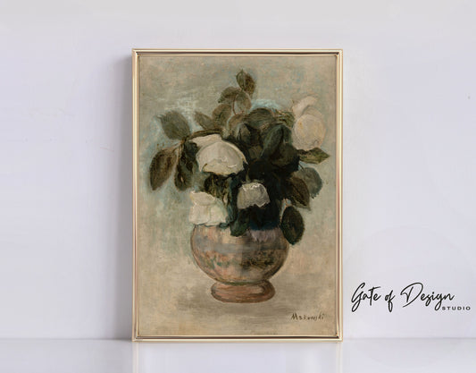 Antique Flowers Wall Art 1920s White Roses Vase Neutral Still Life Painting Floral Botanical Print Farmhouse Decor Rustic Floral PRINTABLE