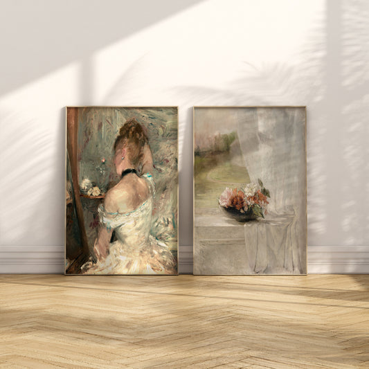 French Printable Vintage Art Female and Flower Oil Painting Set of Two Artworks Instant Download Neutral Antique Decor Woman Beauty Art