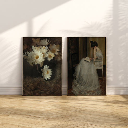 Dark Printable Vintage Art Female and Flower Oil Painting Set of Two Artworks Instant Download Moody Antique Decor Woman Beauty Art