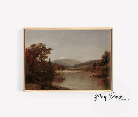 Autumn Lake Oil Painting Fall Landscape Wall Art Print Rustic Decor Vintage Moody Print Antique Downloadable Painting Instant Download Art