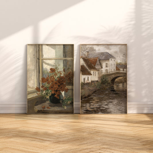 Autumn Wall Art Set of 2 Prints Warm Tone Wall Decor Antique Fall Gallery Wall Prints Autumn Flower Country Landscape Painting Printable Art